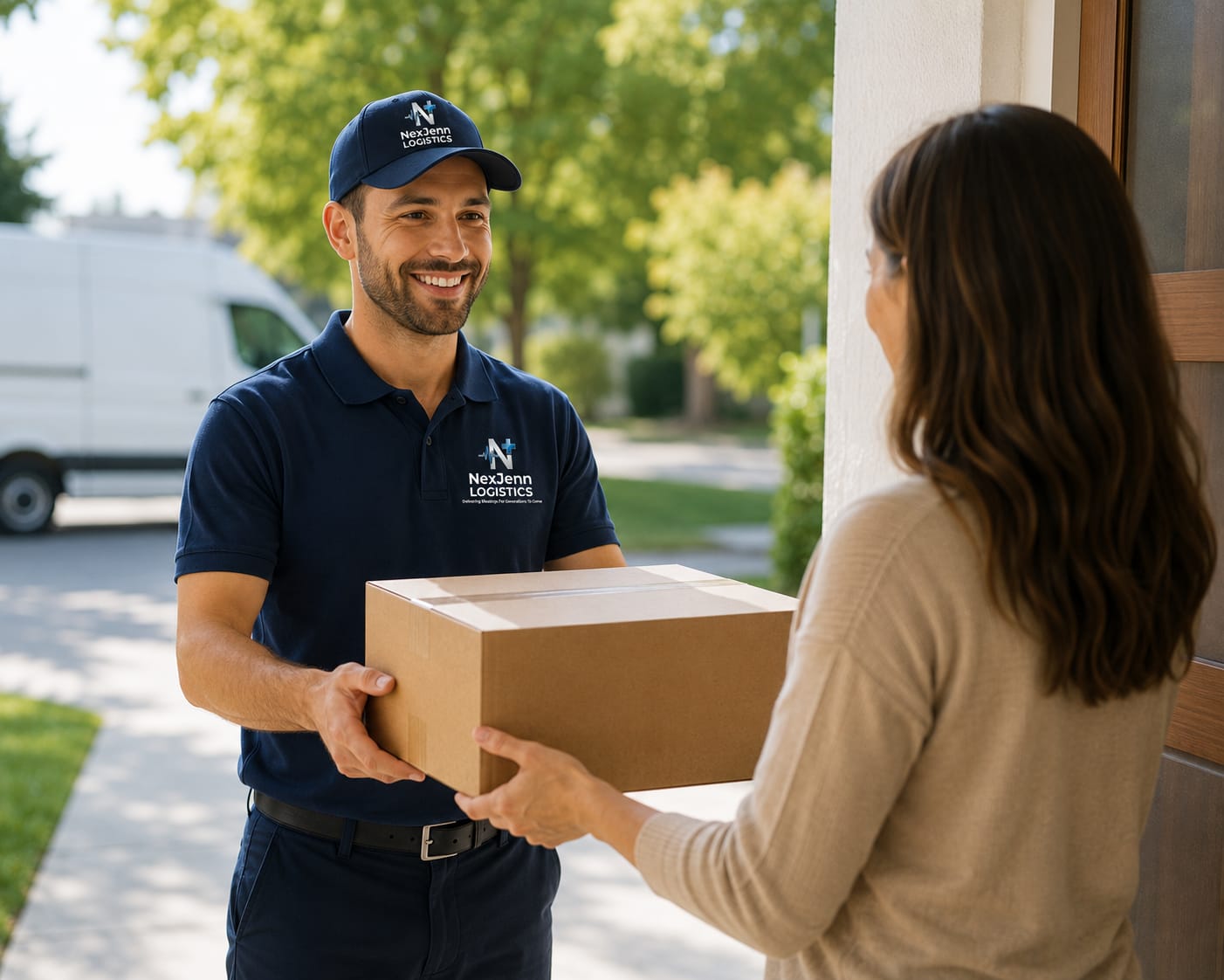 NexJenn Logistics courier delivering a package to a customer at their door